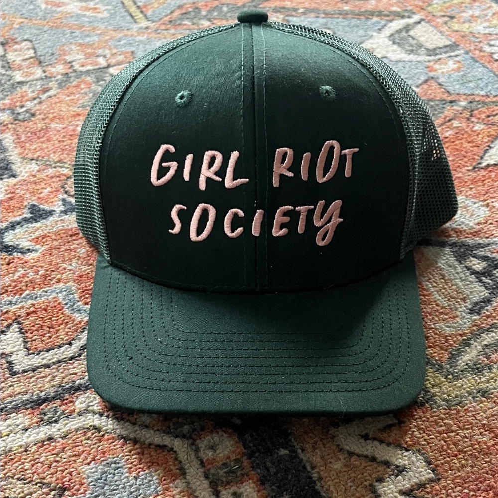 Riot Society Dark Green Trucker Hat with Pink Lettering